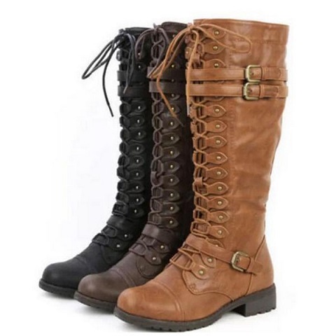 Knee High PU Leather Lace Up Buckle Fashion Riding Military Combat Boots