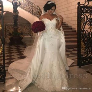 Arabic Lace Mermaid Wedding Dress Detachable Train Off Shoulder