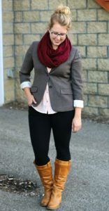 dark ash blazer with leggings jeans and boot shoe and dark red neck scarf