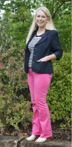 pink jeans with dark blue jeans and white shoe