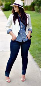white blazer with blue demin shirt and blue jeans trousers