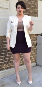 white blazer with purple skirt