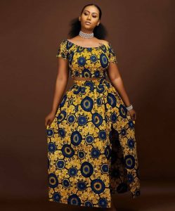 african fabric crop top with long split skirt for young ladies - mammypi