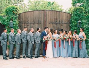 all facing bride and groom colour of the day was red and dusty blue - inspiredbythis