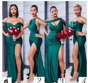 bridesmaids in different styles high slit dark green gown - wedding decorhouse website