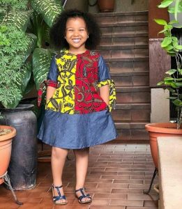 classy combination of jeans and two ankara fabrics gown for girls - ankarahub