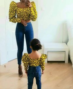 crop top ankara style with jeans trousers for teenage sister and her kid sister - instagram