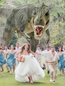 funny wedding party photo where all run as if being pursued by a animated leopard - elegantweddinginvites