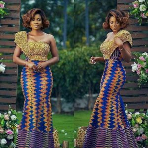 kente combined with lace material for african wedding one sleeve gown - zanaposh