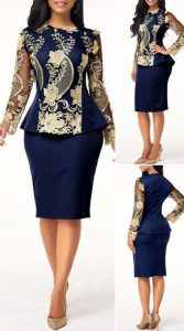 long sleeve round neck ankara lace blouse with plain skirt - liligal