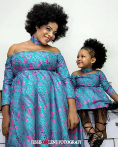 off shoulder long sleeve ankara maternity gown with matching necklace for mother and daughter - ankarastyles com ng