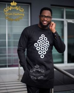 round neck black ankara suit style with white circle design - pinterest