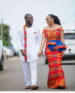 touch of kente on a plain ankara senator for the groom - the bride on off shoulder kente gown - etsy