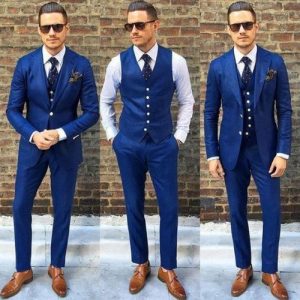 two groomsmen wear complete navy blue suit set while groom wears only waistcoat all wearing sun glasses - rover ebay