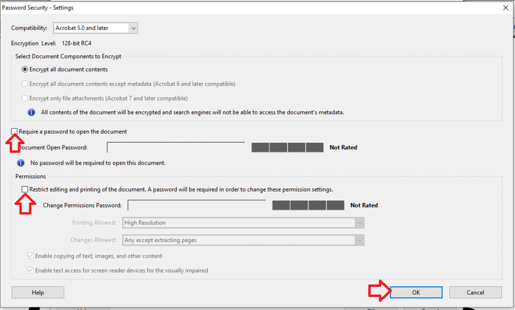 remove the document open password and the permissions password