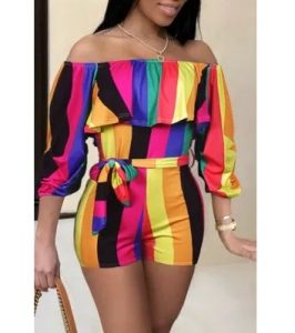 ready made ankara off shoulder pinafore shorts with waist belt for classy young ladies