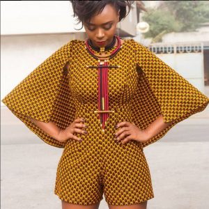 ankara short jumpsuit with hanging sleeves and special neck lace for classy ladies, african print carnival fashion style