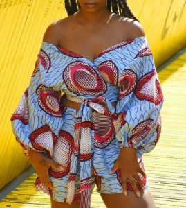 high waist ankara short knicker with off shoulder crop top with long balloon sleeves for ladies