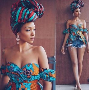 crazy jeans bum shorts with off shoulder ankara blouse and head tie for young ladies