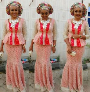 stylish ankara lace long skirt and blouse with gele hair tie for wedding and church