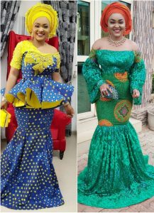 mercy aigbe long skirt and blouse vs long gown style with gele hair tie compared