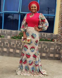 mercy aigbe ankara floral lace long gown style for wedding and church service