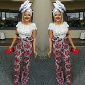 ankara lace blouse with palazzo trousers and big hair tie