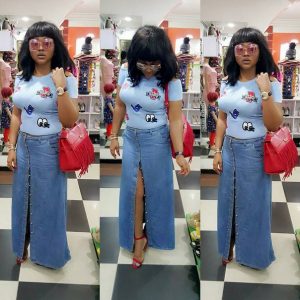 long slit jean skirt with hugging top for ladies