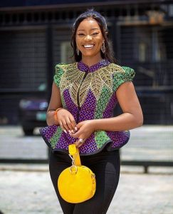 short sleeve ankara peplum blouse with trousers for curvy ladies