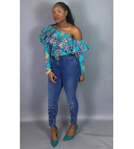 ankara one side off shoulder, long sleeve blouse with denim jeans for young celebrity ladies