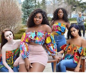 off shoulder ankara crop top with high waist short skirt and jeans trousers styles for young ladies