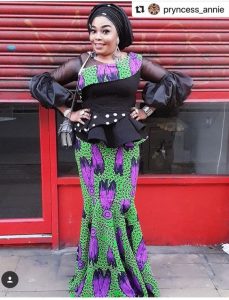 puff sleeved stylish african print peplum blouse with long knee flay skirt for young ladies