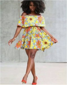 stylish, off shoulder short ankara flay gown with cape for young ladies