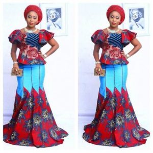 classy ankara blouse with long knee flay skirt, with gele hair tie for young ladies, wedding and church fashion style