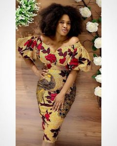 short ankara pencil gown style for young curvy ladies, off shoulder