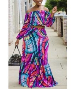 off shoulder crop top with long maxi skirt for young curvy ladies