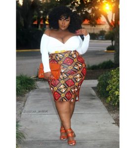 off shoulder long sleeve top with short pencil ankara skirt plus size, busty, curvy ladies