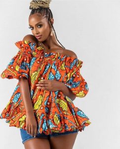 off shoulder ankara blouse with jeans bum short for chubby young ladies