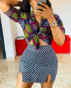 cute ankara short skirt with front-knotted crop top for young ladies