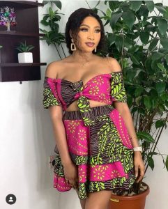 off shoulder ankara crop top with short flay skirt for young ladies