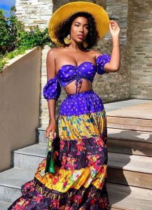 ankara maxi skirt with off shoulder crop top, with hat, for slim, curvy ladies