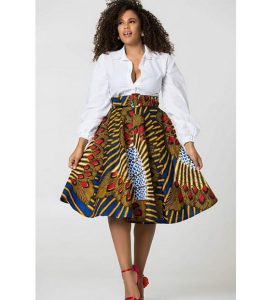 high waist ankara short skirt with long sleeve blouse, office work dress style