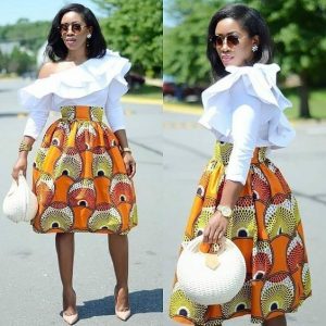 high waist maxi skirt with top with cape, on e side off shoulder blouse style