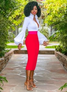 plain ankara pencil skirt with long, puffed sleeve blouse for young ladies