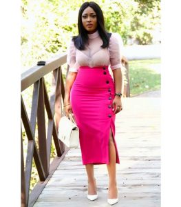 high waist pencil skirt with cute blouse for classy, curvy ladies