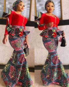 trending ankara long mermaid skirt with peplum blouse style for young ladies