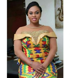 off shoulder kente long gown with lace bead design