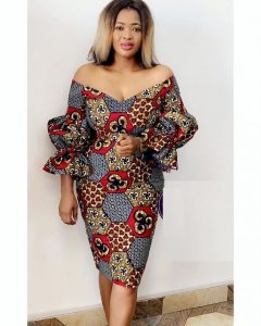 off shoulder ankara short gown with puffed sleeves