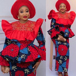 classy ankara long peplum skirt and blouse with gele hair tie for young ladies