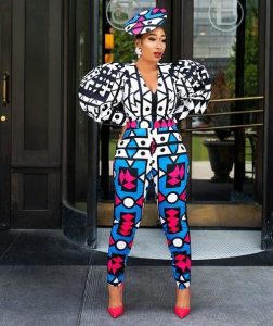ankara blouse and trousers with fascinator hair piece for classy young ladies